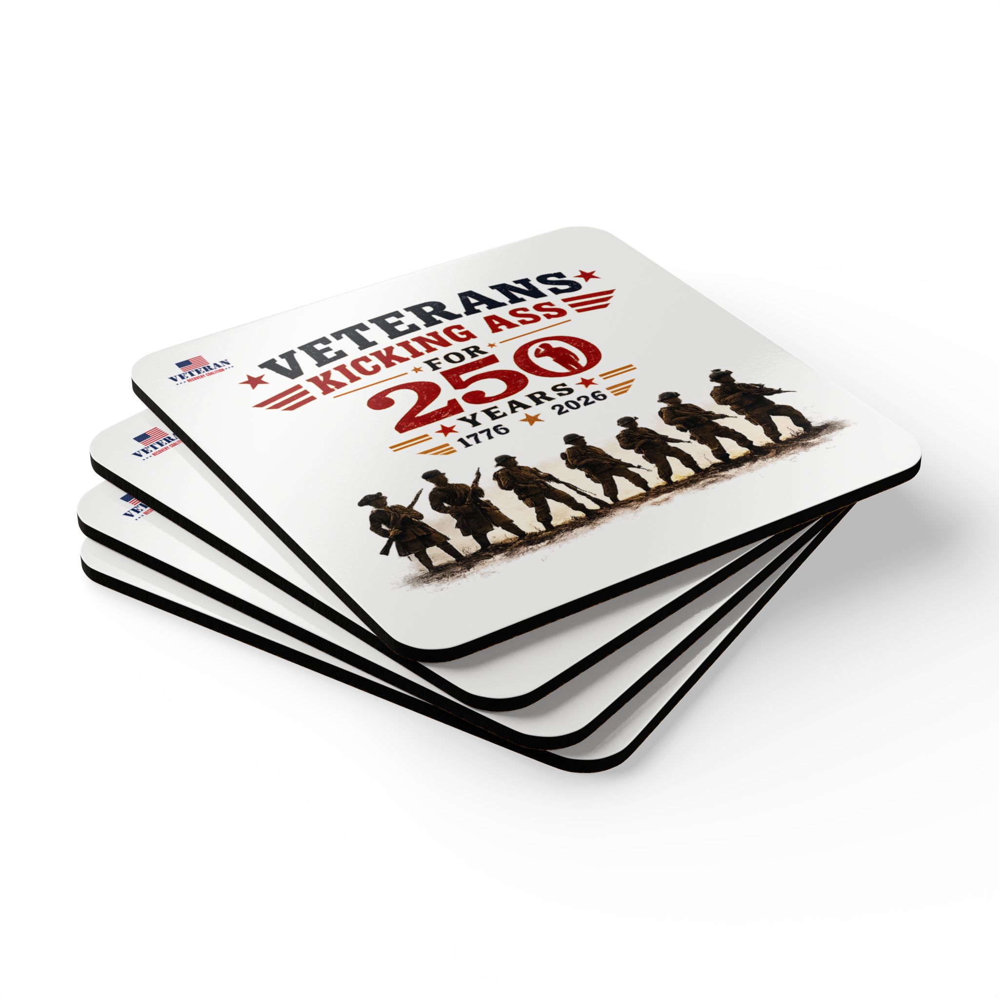 Veterans Kicking Ass 250 Years Corkwood Coaster Set — 1776–2026 Patriotic Military Drink Coasters - Image 3