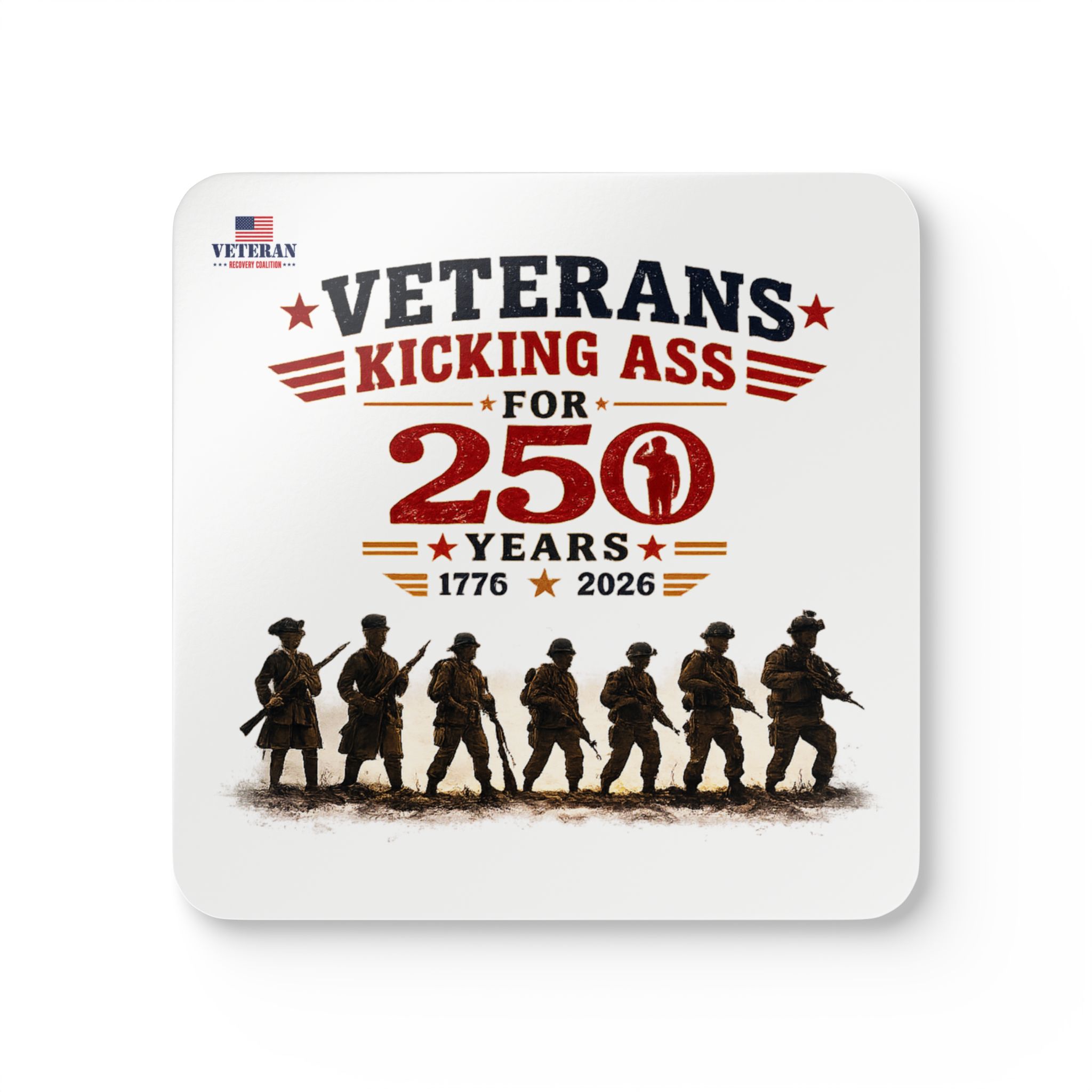 Veterans Kicking Ass 250 Years Corkwood Coaster Set — 1776–2026 Patriotic Military Drink Coasters